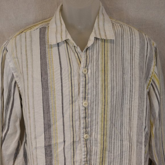 Tommy Bahama Relaxed Linen Shirt Large Yellow Gray Striped Button Down - Picture 3 of 10